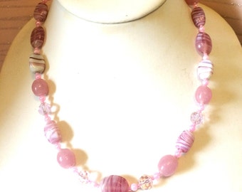 Pink Glass Bead necklace with pink crystal glass pink pearls and rocailles Fashion Necklace approx 18 inches