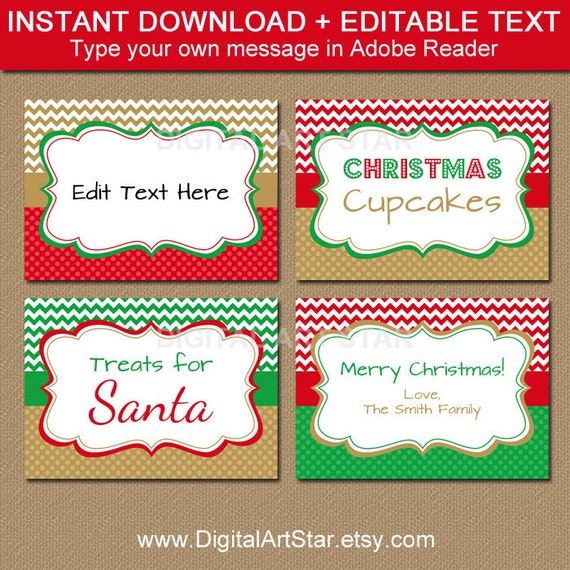 Printable EDITABLE Christmas Food Labels - Red Green Gold Chevron Candy Buffet Labels - Holiday ...