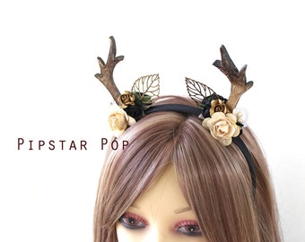 Black and Ivory Rose Druid Deer Antler headband (Leaf Veins) Woodland Mori kei headdress for flower girls, harajuku fashion, cosplay,larp