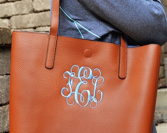 Monogram Purse, Embroidered Monogram Leather Tote Bag, Monogram Faux Leather Tote Bag, Monogrammed Handbag, Monogrammed Purse, Totebag Purse