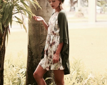 Olive Green Rose Kimono Cardigan / Gold Buttons / High-Low Sweater / Kimono Sleeve / Jersey Cardigan / Spring Fashion / Summer Fashion