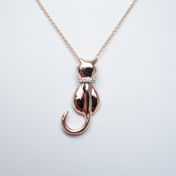 Handmade Rose Gold Cat Pendant Necklace with Diamond Collar