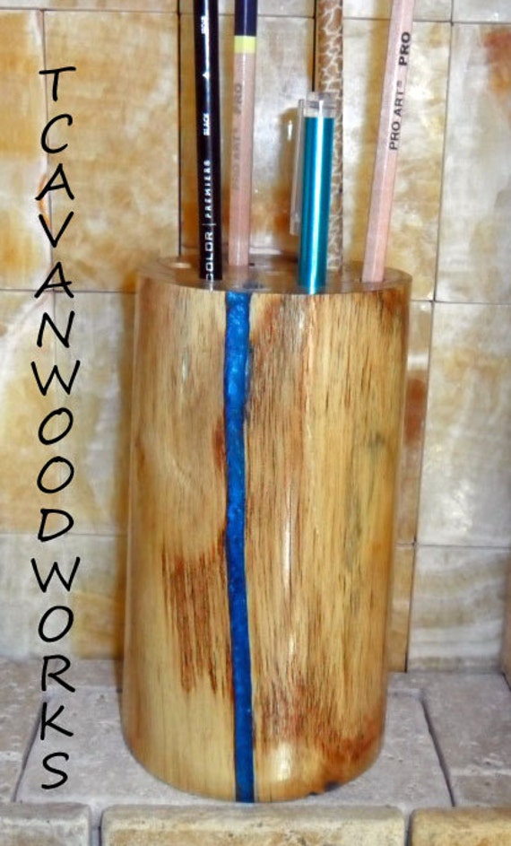 wood log pen or pencil holder. Turned wood solid log with