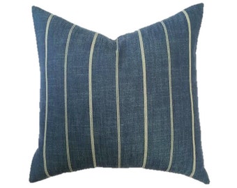 Navy, Denim, Indigo and Cream Ticking Stripe Linen Designer Pillow Cover- Accent Pillow- Throw Pillow- Nautial Pillow