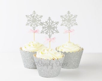 Snowflake Cupcake Topper- Silver Glitter Snow Flake, Frozen Birthday Party, Decorations, Pink and Silver Decorations, Winter Onederland