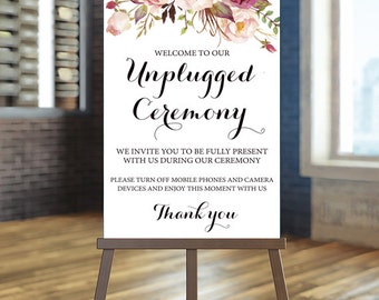 Printable Wedding Sign, Unplugged Wedding Sign, Unplugged Ceremony Sign, Floral Wedding Sign, Blush wedding Sign Rustic Ceremony Sign Ashley