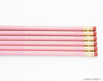 SHE BELIEVED She Could So She Did - Pink and Gold printed pencil set - Cute pencil set - Stocking stuffer - Gift for her - Engraved pencils