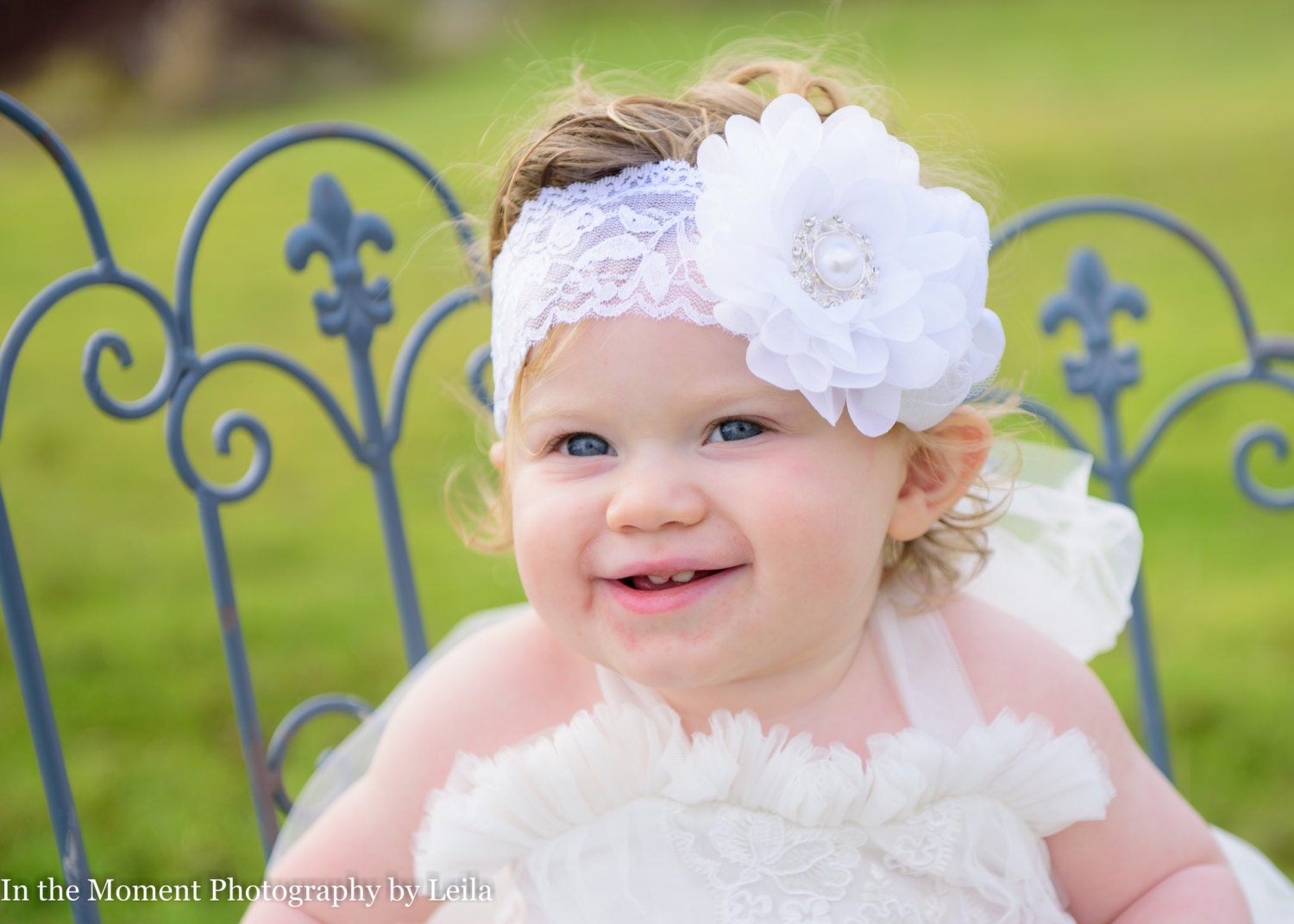 White Flower Headband, Christening Headband, White Baptism Headband