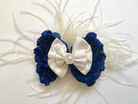 Ivory Navy Rossette Bow Feather Fascinator by FancyGirlBoutiqueNYC