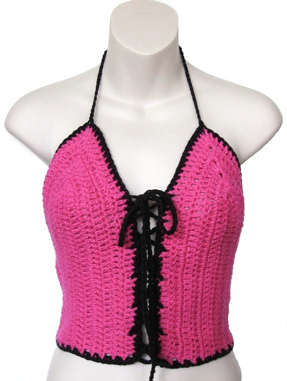 Pink and Black Corset Crochet Halter Lace up Top Bustier Sexy