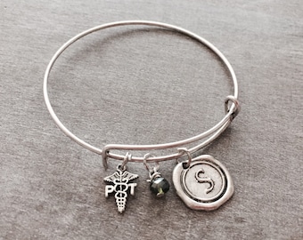 Physical Therapist Bracelet, Silver Plated Charm Bracelet, PT, Therapist Gift, Therapy, Medical, Adjustable, Expandable, Bangle Bracelet