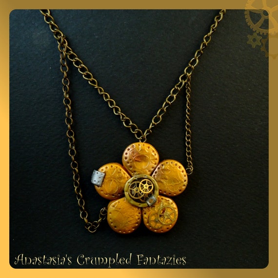 Gold steampunk clockwork flower polymer clay gears necklace, Clock parts, Statement pendant, Watch contraption jewelry, Whimsical fantasy by CrumpledFantazies steampunk buy now online