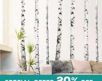 Birch Trees Wall Decal Forest, Set of 7 trees, Photographic Real Birch Trees VINYL OR FABRIC R0010