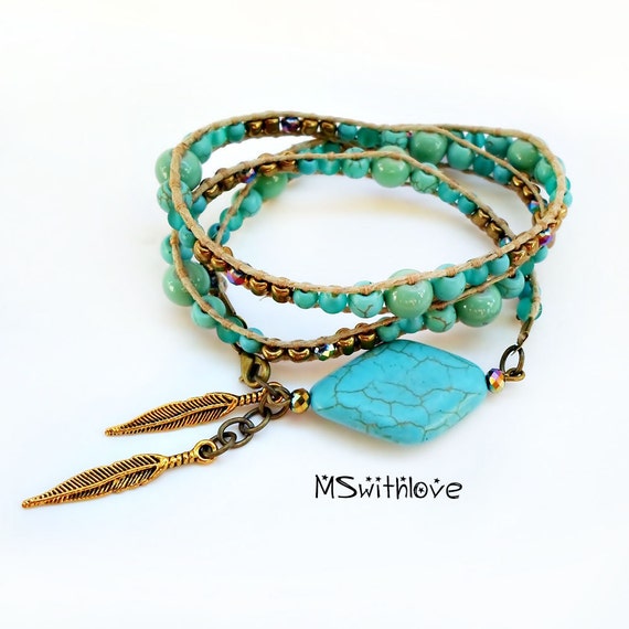 Bohemian Turquoise Wrap Bracelet Beaded Bracelet Feather