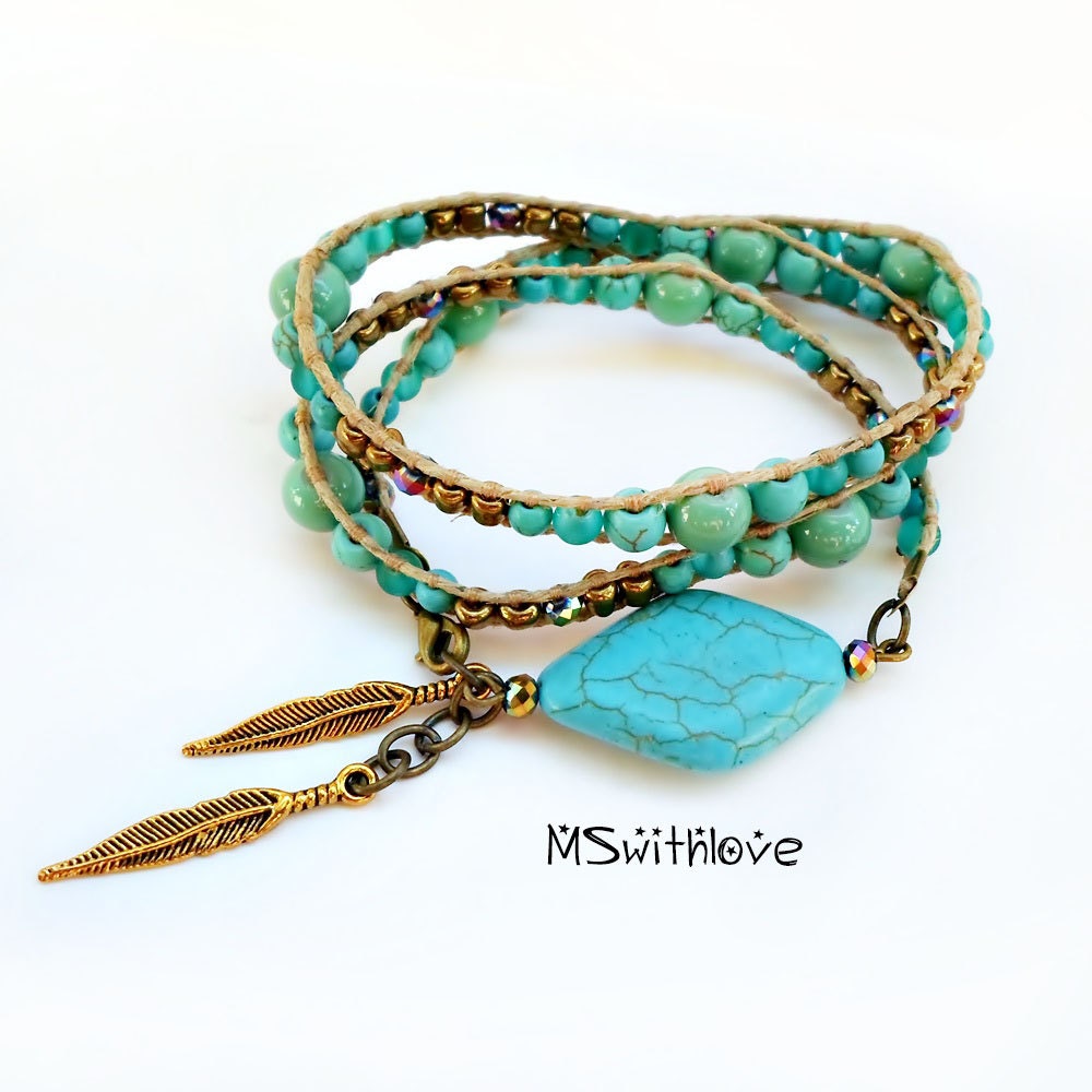 Bohemian turquoise wrap bracelet Beaded bracelet Feather
