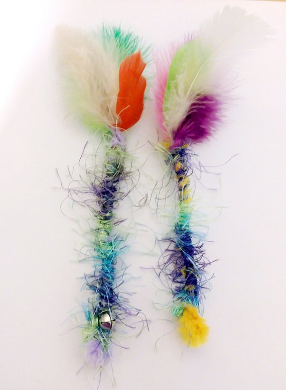 Fuzzy Feather Cat Toys Set of 2 Flexible Durable by oddballcattoys