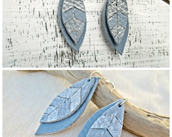 Light Blue Feathers Leather Earrings, Leather earrings, Long earrings, Tribal Earrings, Leaf earrings, Silver Blue Earrings, Boho Earrings