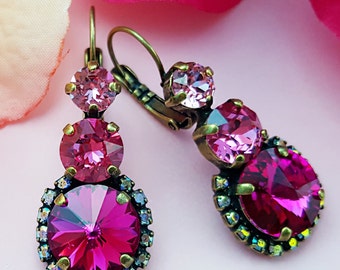 Fuchsia Pink Crystal Earrings Swarovski Drop Magenta Bridal