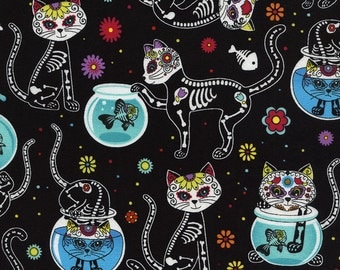 Cat Fabric - Day of the Dead Kitty Fabric Day of the Dead Pet - Timeless Treasures c4159 black - Priced by the 1/2 yard