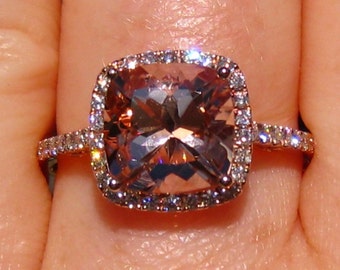 Cushion Morganite Rose Gold Diamond Halo Engagement Ring, Morganite Engagement Ring, Rose Gold Engagement Ring