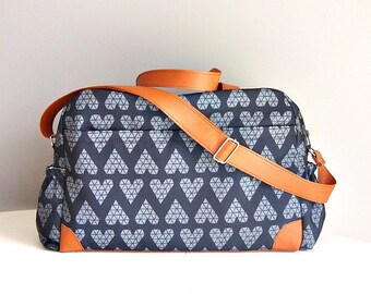 DIAPER BAG, Nappy bag, Triangle grey hearts on black background/ big diaper bag, weekender, sleepover bag, baby bag, mommy bag, changing bag
