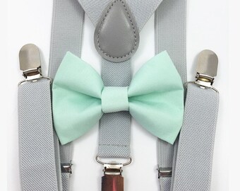 FREE DOMESTIC SHIPPING! Light gray suspenders + Mint Green Bow tie toddler kids holidays photos family photoshoot