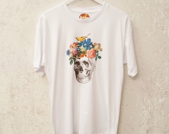 Skull Flowers Birds Tshirt Graphic Tshirt Pastel Grunge Gothic Clothing