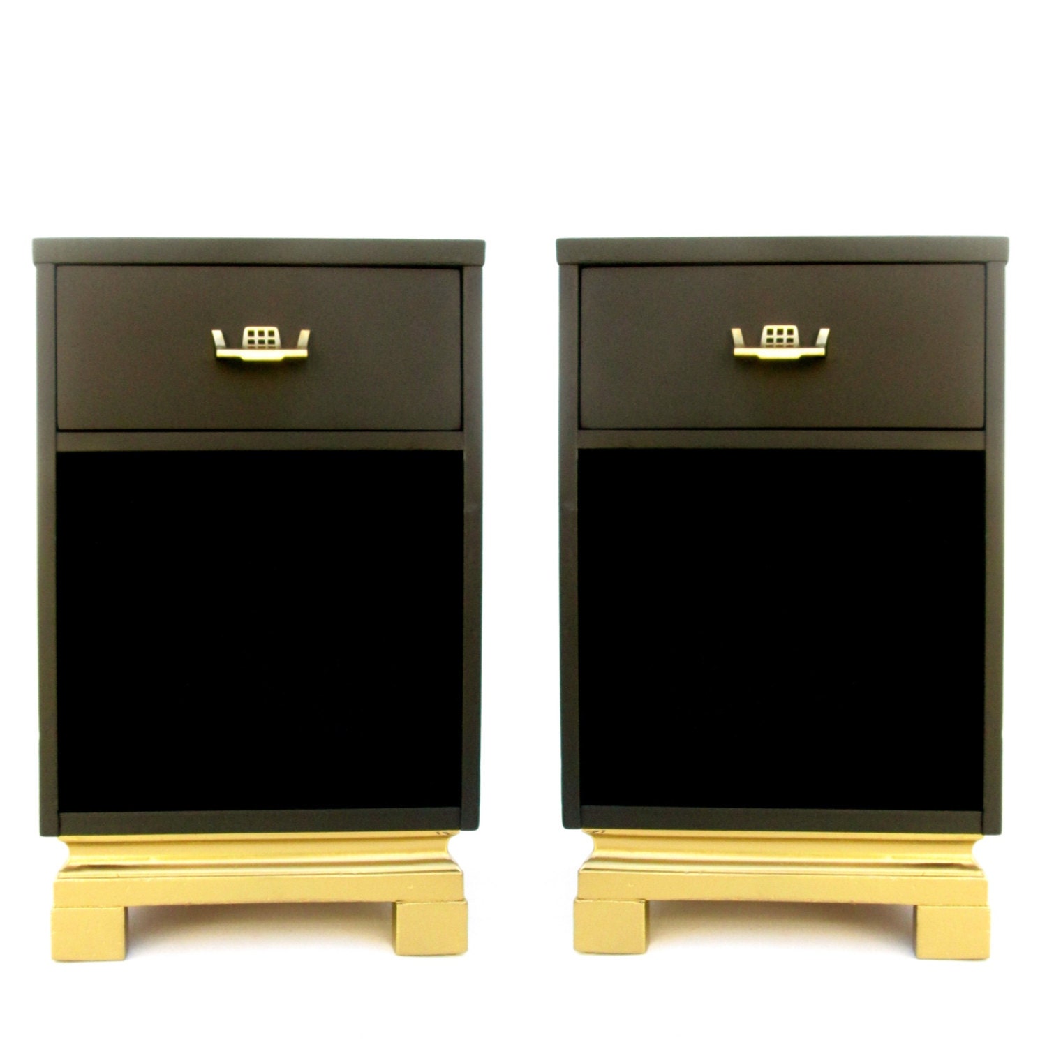 Pair of MidCentury Black & Gold Nightstands Modern