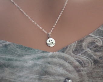 Sterling Silver Simple S Initial Necklace, Silver Stamped S Necklace, Stamped S Initial Necklace, Small S Initial Necklace, S Initial Charm