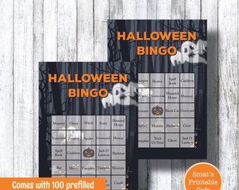 Printable Halloween Bingo Game - Haunted Woods Halloween Party Game - 50 Prefilled Bingo Sheets (100 cards) Unique Bingo Cards