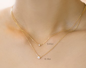 14k Yellow Rose White Gold Tiny Diamond Necklace, floating diamond necklace, 0.03ct 2mm, 0.10ct 3mm, G SI1 diamond, dal-n101