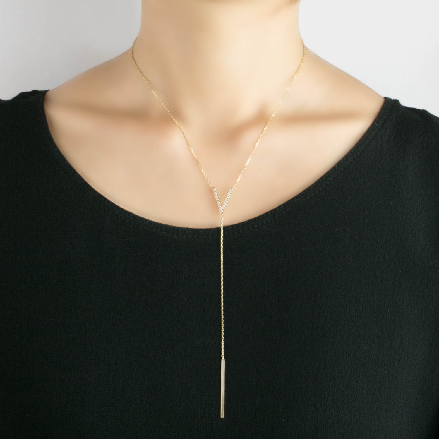 Pave v shape lariat necklace 14k gold Y necklace by EnveroJewelry