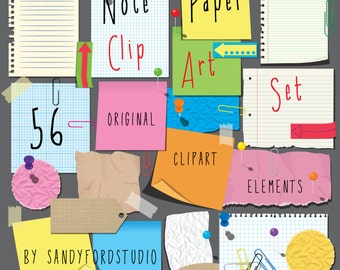 Ripped Note Paper - Post it Notes - Paper Clips and Pins - 56 Piece ClipArt Collection - Instant Download