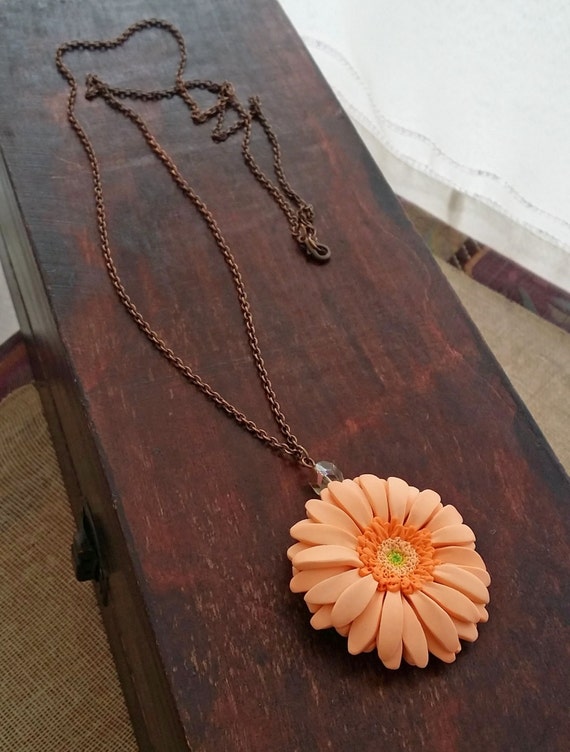 Pastel Peach Gerbera Daisy Necklace From Polymer Clay Flower