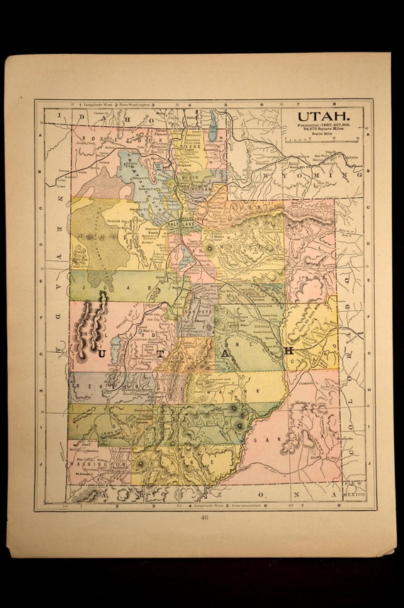 Utah Map Utah Antique Late 1800s Original by MapsBooksEphemera