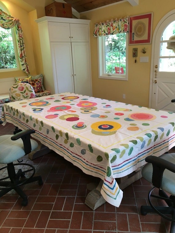 Multi Colored Handpainted Tablecloth / Square Or Rectangular