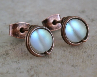 Blue Flash Stud Earrings Faux Moonstone Wire Wrapped Jewelry Wire Earrings Antiqued Copper Pure Titanium Grade 1 Unique Stud Earrings Silver
