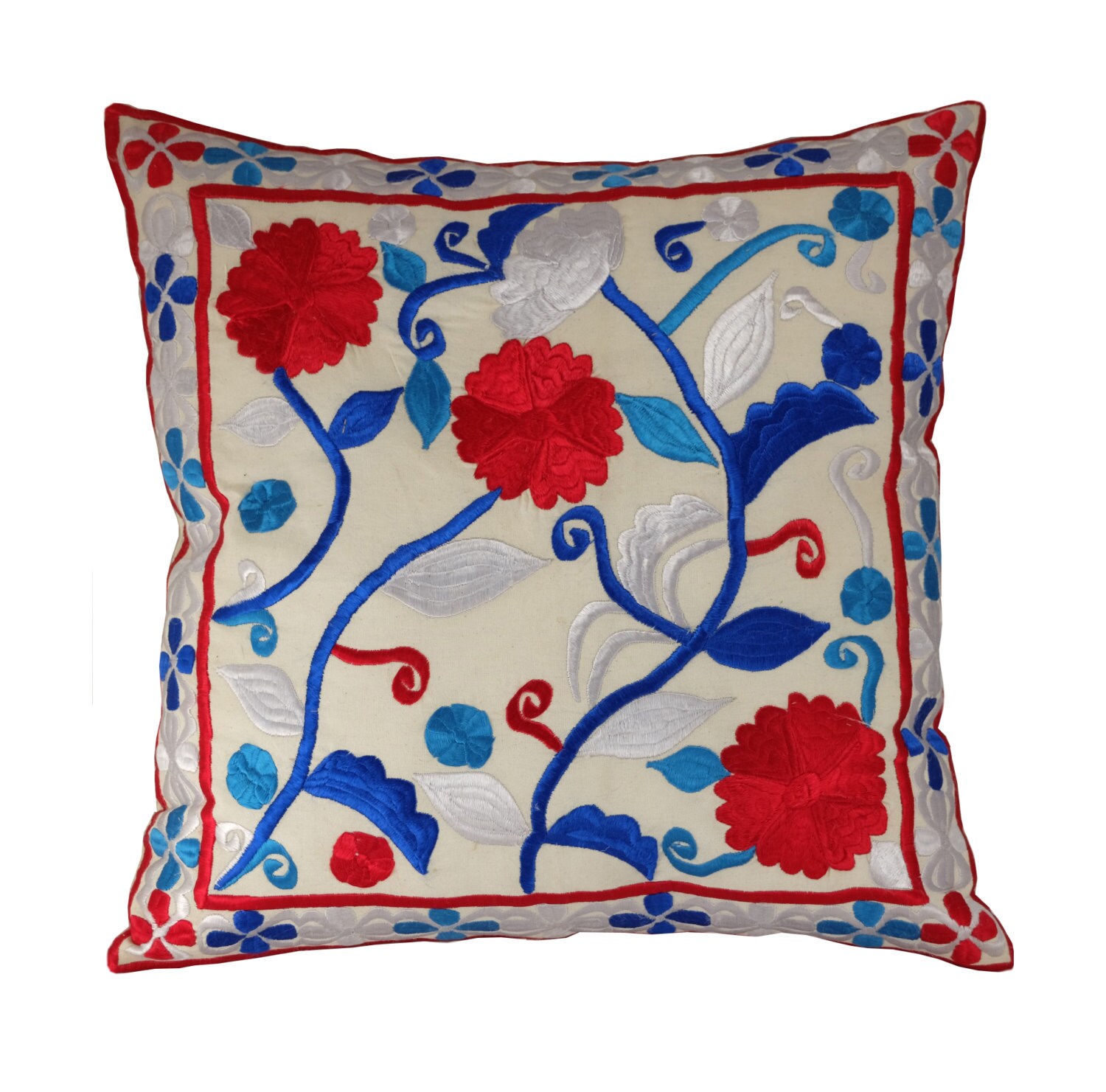 Embroidered Floral Cushion Flower Throw Pillow 20x20 Cream