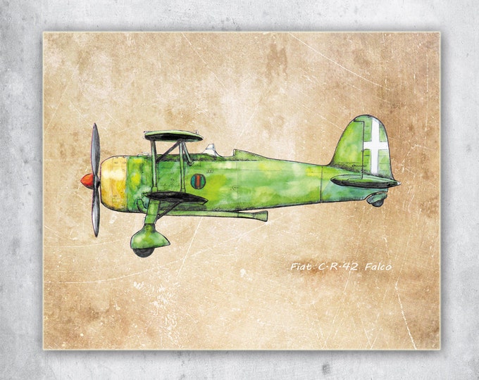 Airplane decor Old paper wall art Vintage airplane prints Military retro airplane Fiat Falco Green airplane on vintage paper Boys nursery