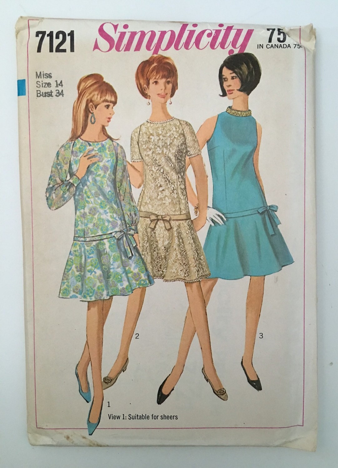 1960s Vintage Pattern Simplicity 7121 Drop Waist Dress Miss