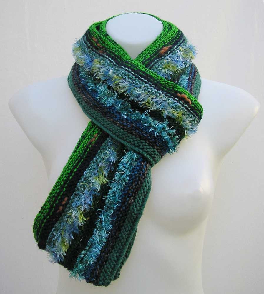 Green and blue scarf reclaimed knitted scarf upcycled