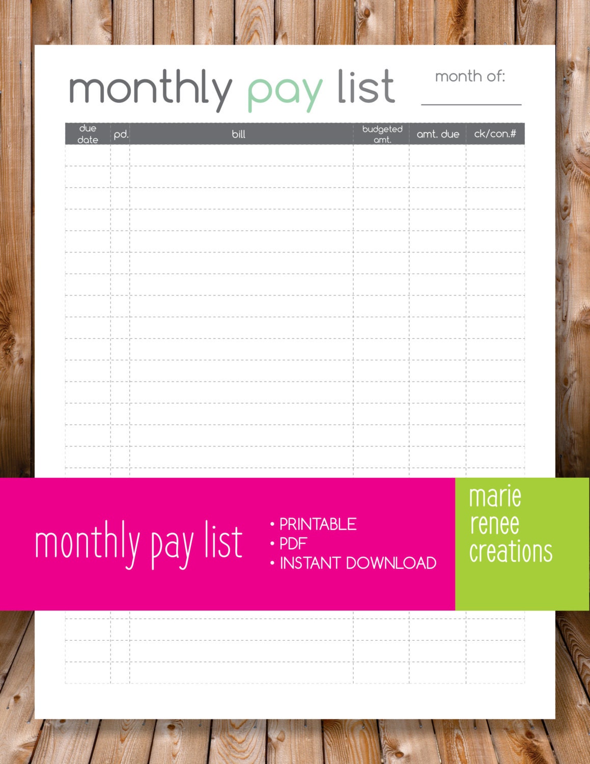 NEW Monthly Pay List Blank Printable