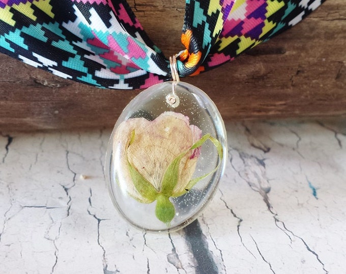 Shabby Chic Botanical Jewelry ~ Resin & Pink Rose Bud Statement Necklace ~ Nature Inspired Anniversary, Birthday Gift for Gardener, Romantic