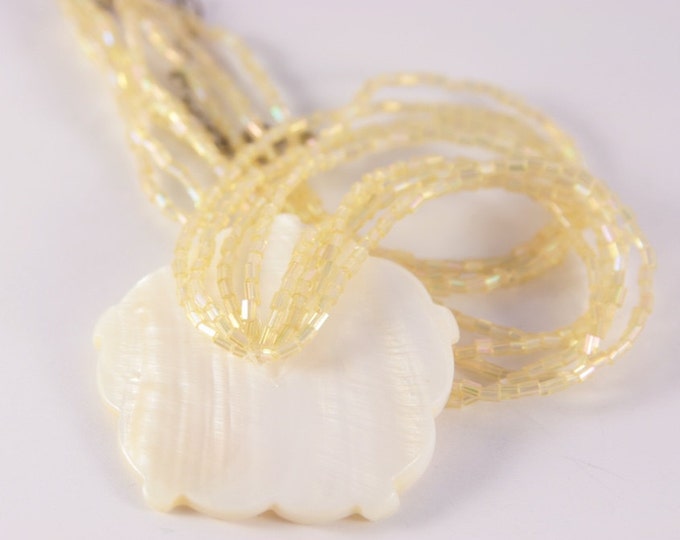 White Flower Choker Necklace Hibiscus Carved Mother of Pearl Rose Pendant Multi Strand Beads Light Yellow Choker Beaded Necklace