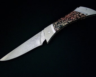 Father's day gift, Lockback folder, damascus knife, collectable knives, one-of-a-kind knives, steel, knives with stone, art knife