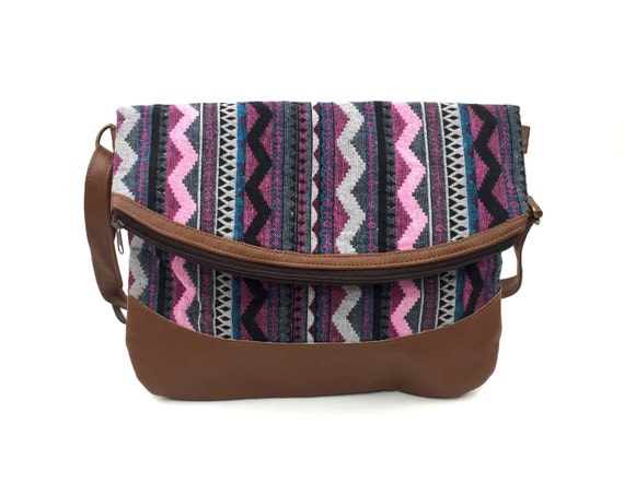 Pink Aztec crossbody bag, Foldover Clutch Oversize, Ethnic Leather bag w/ Tribal fabric, Handmade Native bag, Hipster cross body bag