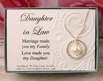 Daughter in Law Gift from Mother in Law Sterling silver necklace eternity circle Swarovski pearl gift box Bridal Wedding birthday gift