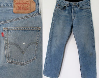 Levis 501 jeans, blue stonewash denim, straight leg pants trousers, mens, distressed denim, waist 31, leg 32
