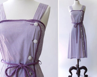 vintage 1940s dress <> 1940s cotton sundress <> 1940s purple and white day dress <> 40s side button cotton dress