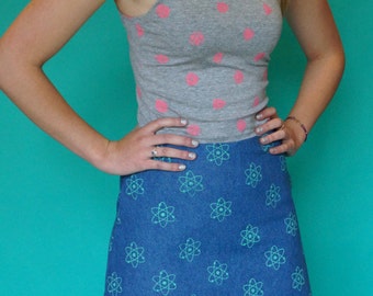 All over Atom Print denim A-line skirt